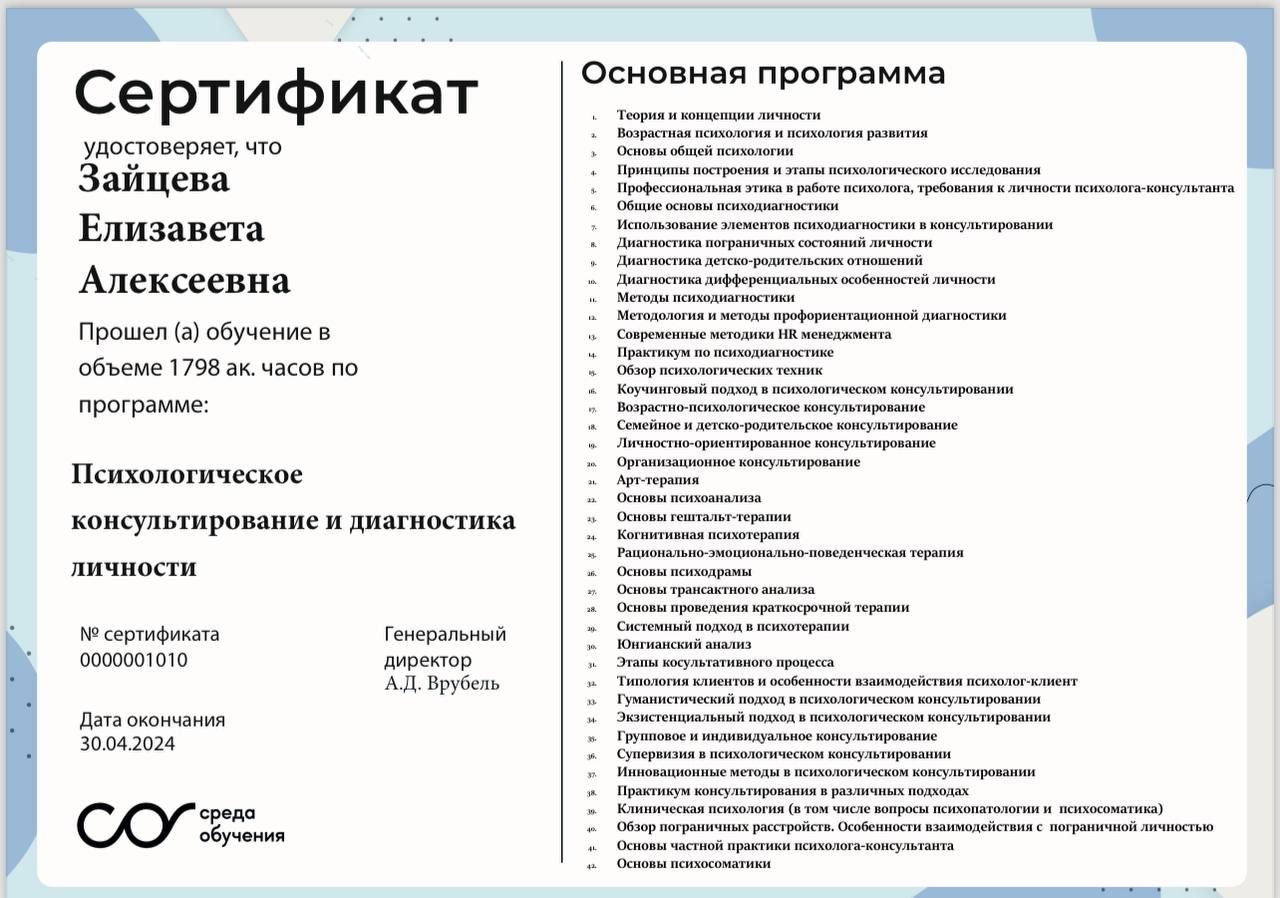 Диплом или сертификат Лизы Зайцевой, документ 4